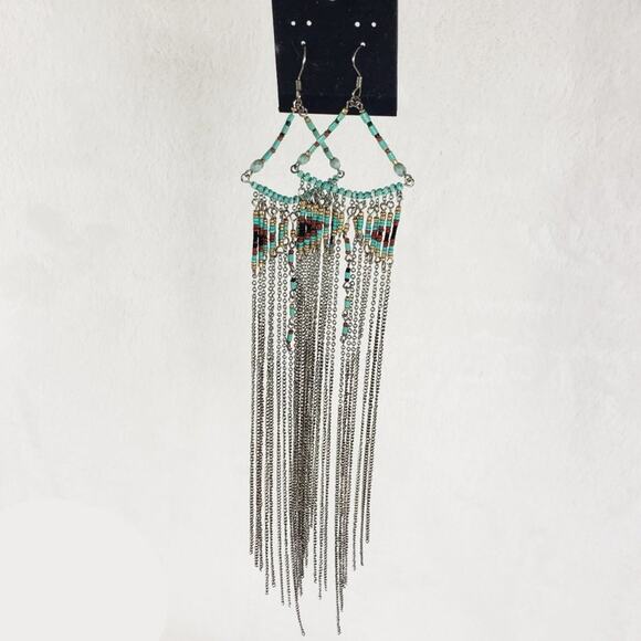 Beaded Earrings Boho Hand Crafted Chain Beads Fringe Long Dangle Turquoise - Picture 4 of 4